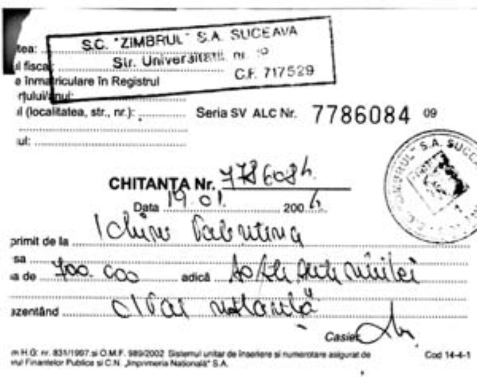 Una dintre zecile de chitanţe primite de locatari de la SC INSOLVENT SRL, cu ştampila falimentatei SC Zimbrul SA