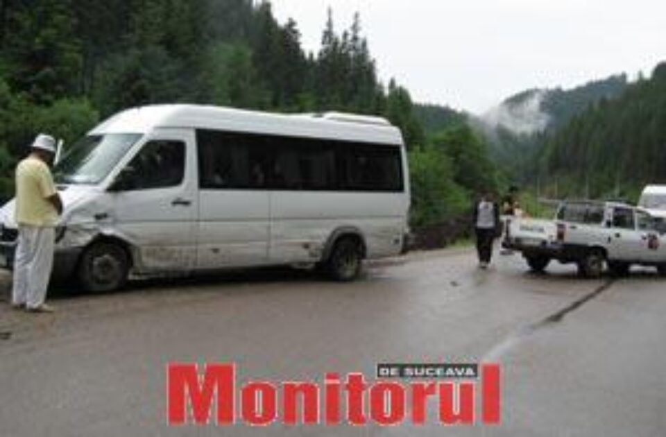 Microbuz plin cu 16 elevi, aproape de a fi aruncat la 5 metri într-un pârâu