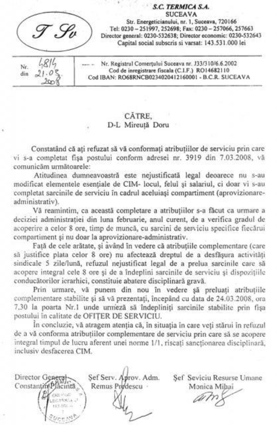 La tribunal: Un lider de sindicat dă Termica în judecată pentru că l-a transformat în paznic