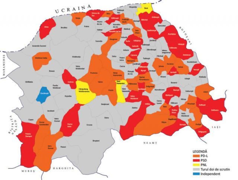 Scrutin: Județul portocaliu și roșu, cu pete galbene