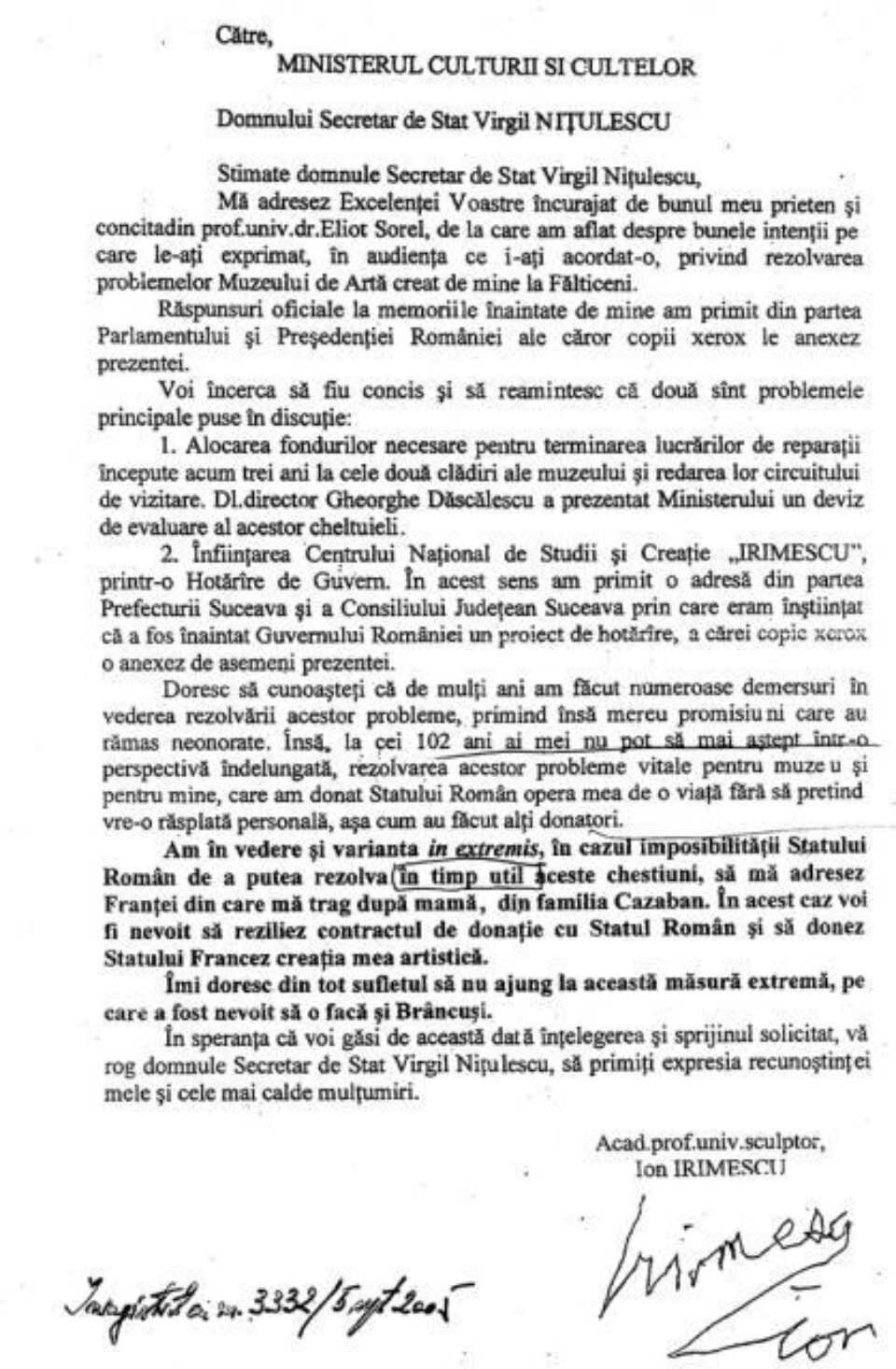 Ultimul memoriu trimis de Ion Irimescu Ministerului Culturii și Cultelor Ultimul memoriu trimis de Ion Irimescu Ministerului Culturii și Cultelor