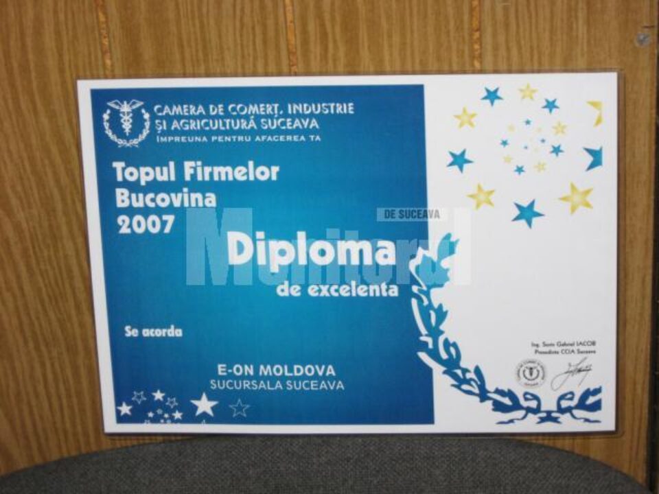 Pentru al doilea an consecutiv: Diplomă de excelență pentru E.ON Moldova - Sucursala Suceava Pentru al doilea an consecutiv: Diplomă de excelență pentru E.ON Moldova - Sucursala Suceava