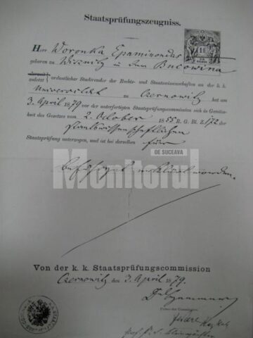 Copia documentului de atestare a studiilor de Drept de la Universitatea din Cernăuți