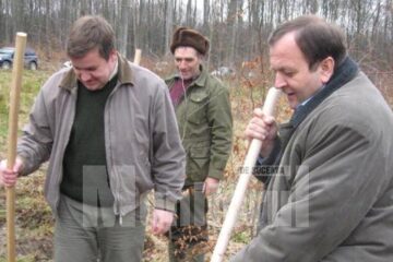Gheorghe Flutur (dreapta) și Sorin Ciobanu (stânga), lucrând împreună la plantarea arborilor