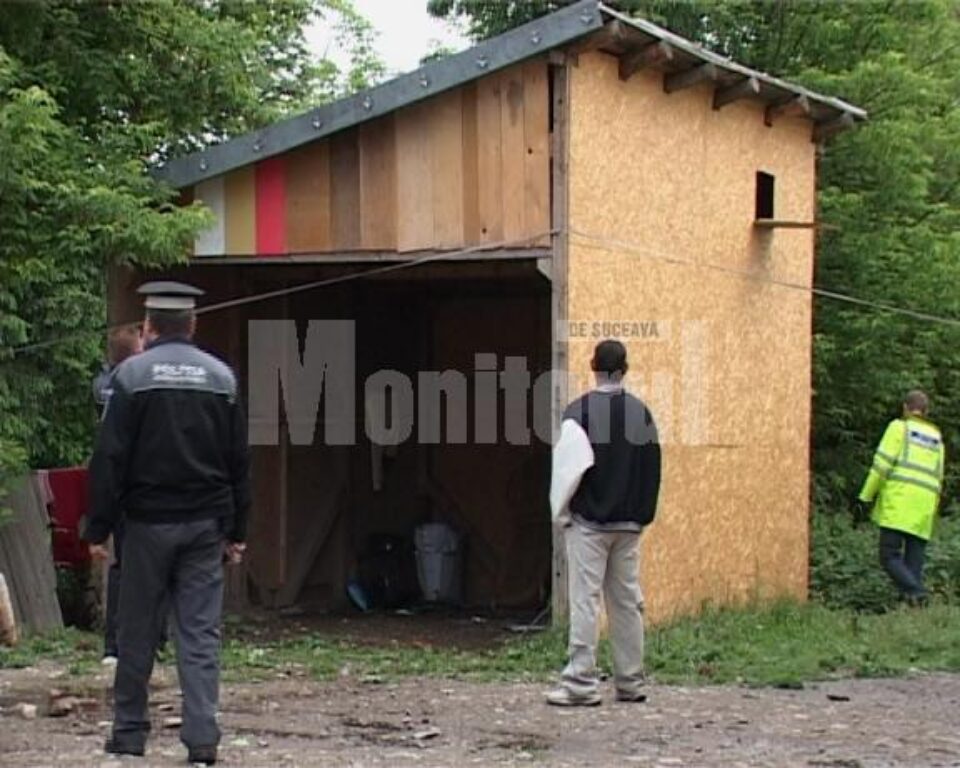 Garaj construit din plăci de PAL garnisite cu „motive florale” compuse din ștampile cu inscripția „Votat”