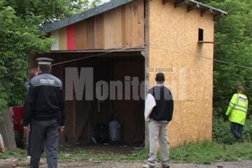 Garaj construit din plăci de PAL garnisite cu „motive florale” compuse din ștampile cu inscripția „Votat”