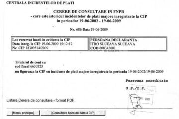 Potrivit extrasului de la Centrala Incidentelor de Plăți a Băncii Naționale a României, SC SOPI Art Construct SRL Suceava, nu figurează cu incidente de plăți
