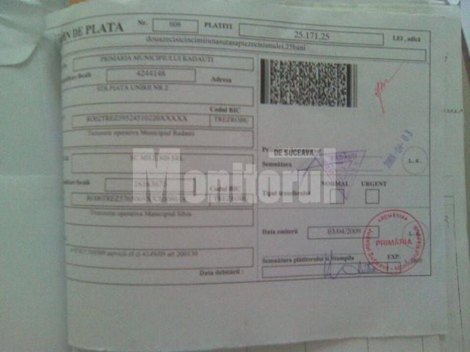 Ordinul de plată nr. 608 emis de Primăria Rădăuți în data de 3 aprilie