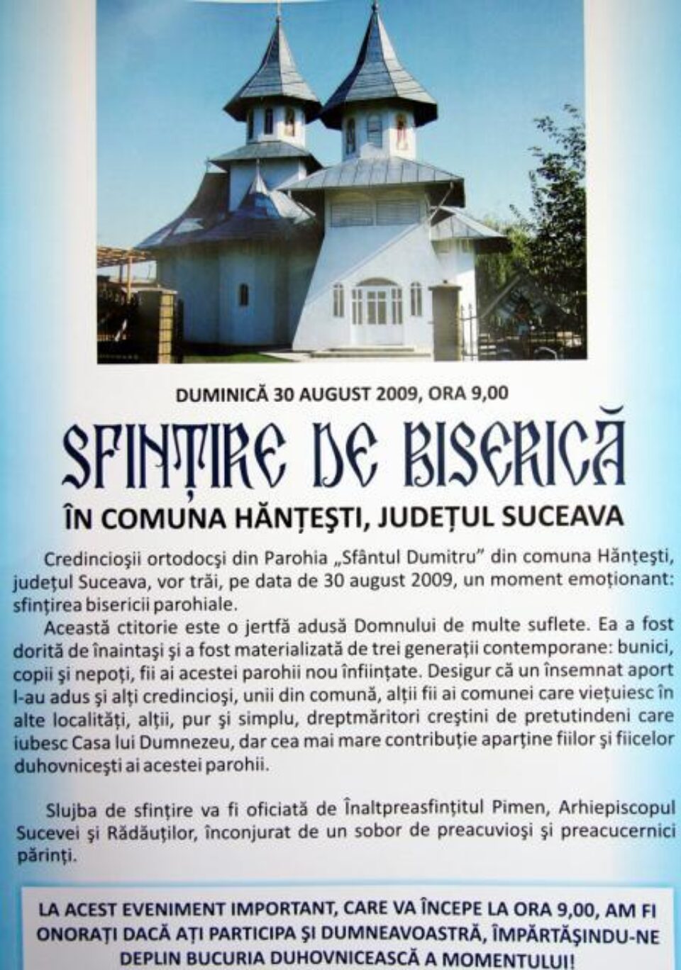 Eveniment: Sfințire de biserică, la Hănțești