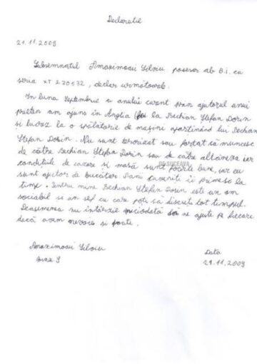 Declarație olografă trimisă de Bechian