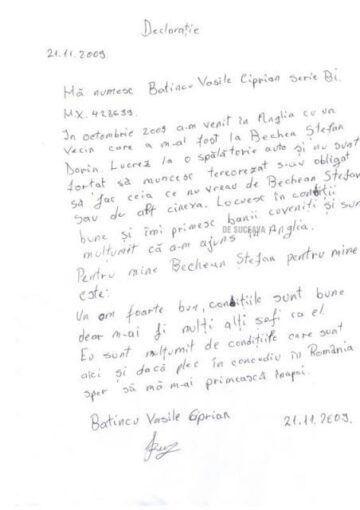 Declarație olografă trimisă de Bechian