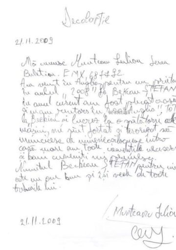 Declarație olografă trimisă de Bechian