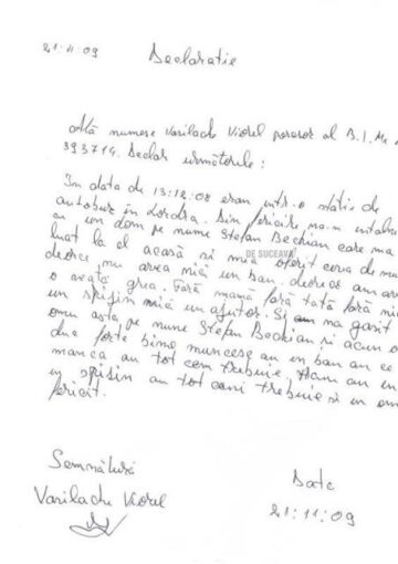 Declarație olografă trimisă de Bechian