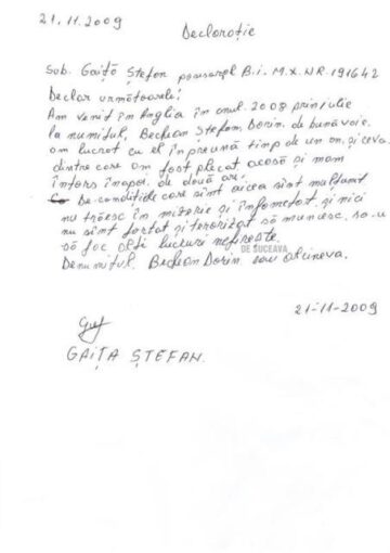 Declarație olografă trimisă de Bechian