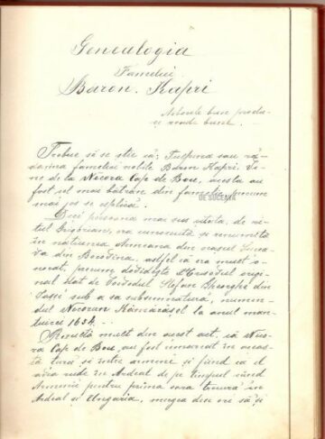 Filă din “Genealogia Familiei Baron Kapri”, în transcriere românească după manuscrisul în limba germană întocmit în 1834 de Asfadur Romașcan