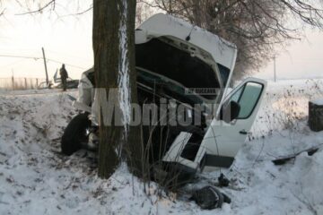 Microbuzul marca VW Crafter s-a oprit într-un copac