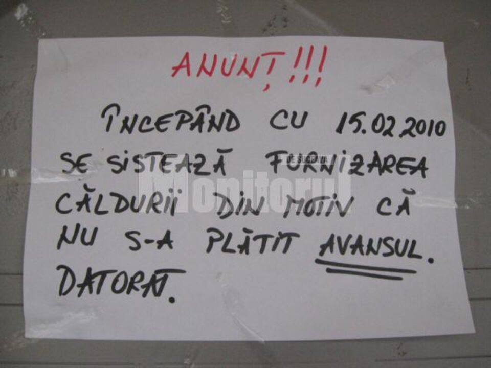 Afișul prin care locatarii blocurilor SOCIM au aflat ca rămân fără căldură