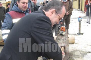 Emil Boc a cioplit, ieri, cu toporul coaja unui buștean, cu ocazia vizitei la firma de prelucrare a lemnului Doxar din Gura Humorului