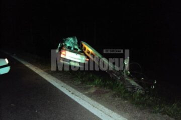 Impactul a fost atât de puternic, încât stâlpul a cedat și s-a rupt în două, căzând peste mașină