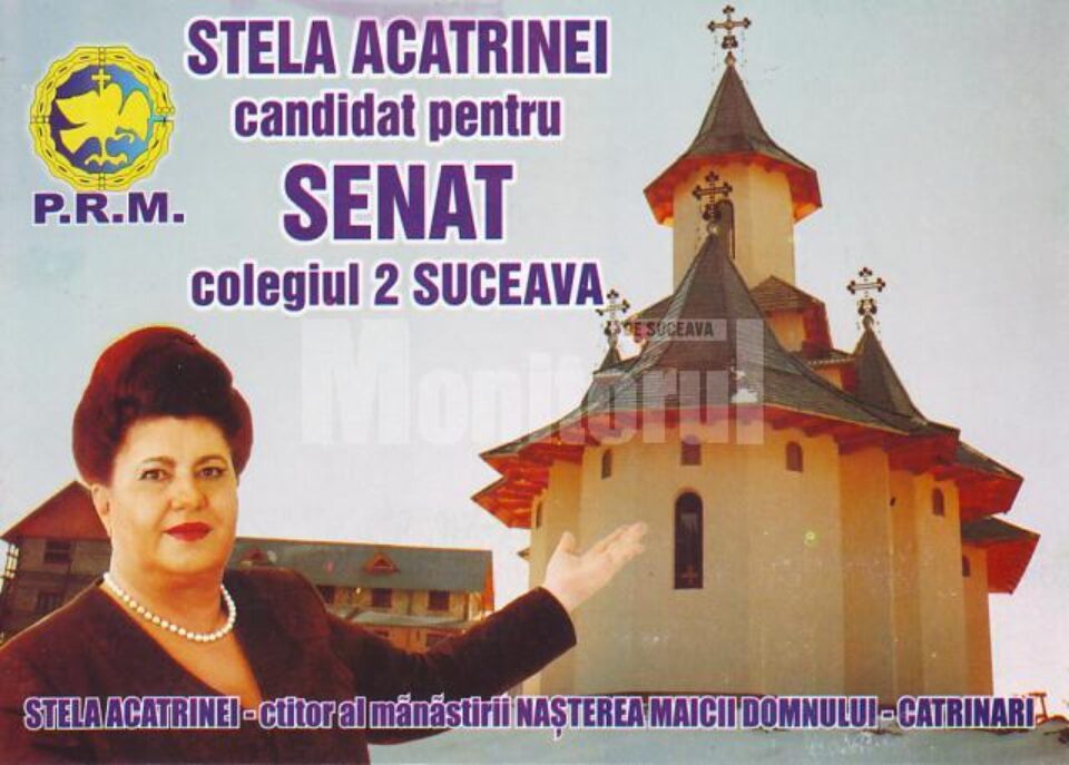 Ilustrată cu Complexul monahal Catrinari și Stela Acatrinei, material promoțional în campanie electorală