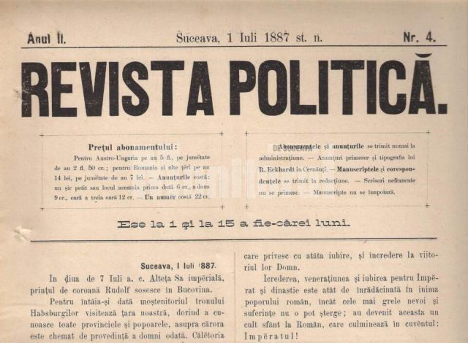 Revista Politică din 1 iulie 1887, care anunța vizita prințului Rudolf în Bucovina