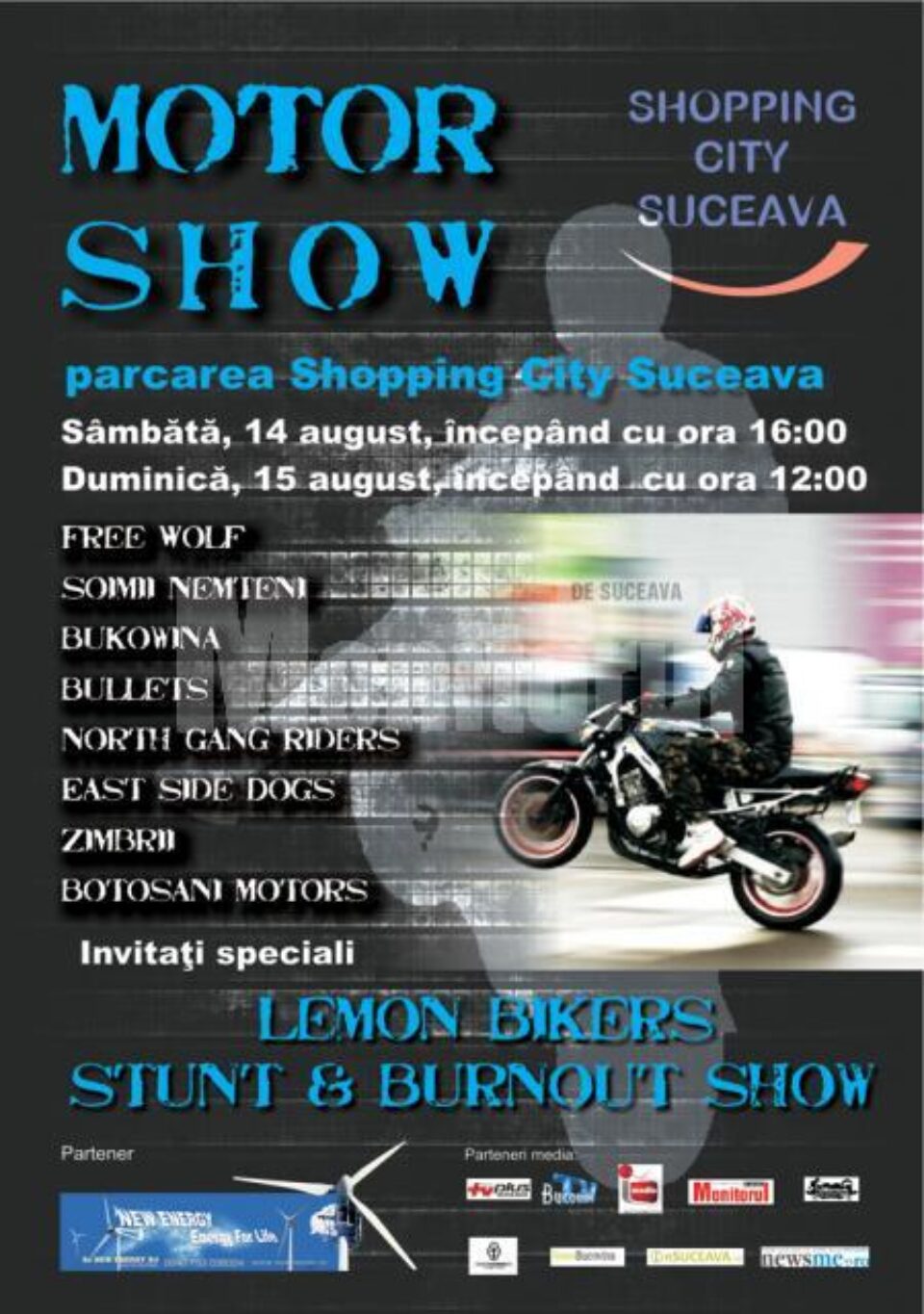 Spectacol: Cascadorii și demonstrații pe motociclete, la Shopping City Suceava