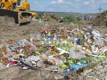 Resturi de legume și fructe laolaltă cu gunoi menajer, la groapa de gunoi a Sucevei