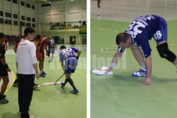 Ciubotariu a pus mâna pe mop, iar Ilieș pe prosop pentru a șterge podeaua sălii LPS Suceava