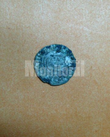 Reversul monedei de argint cu scutul cu însemnele cavalerești ale lui Bogdan cel Orb