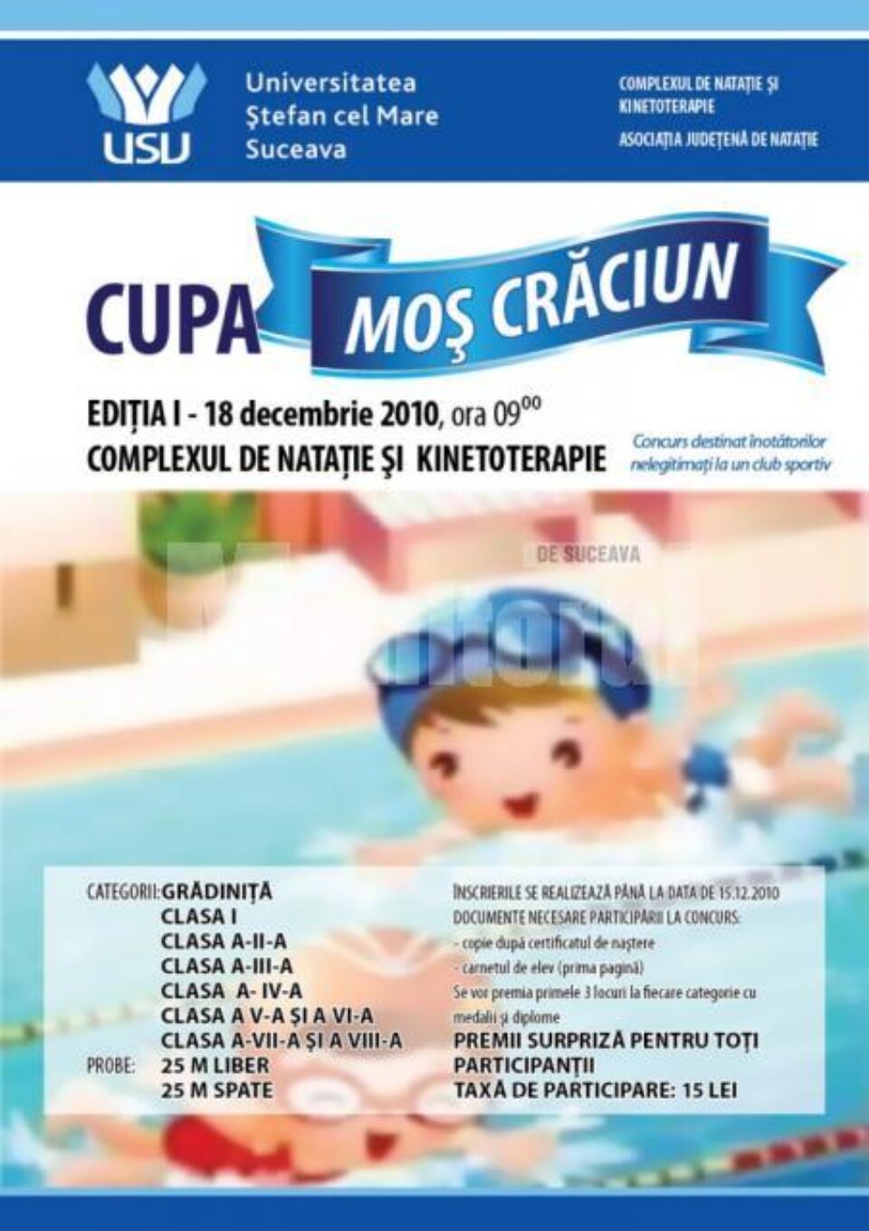 Competiție: Prima ediție a Cupei Moș Crăciun la înot, la Universitatea „Ștefan cel Mare”