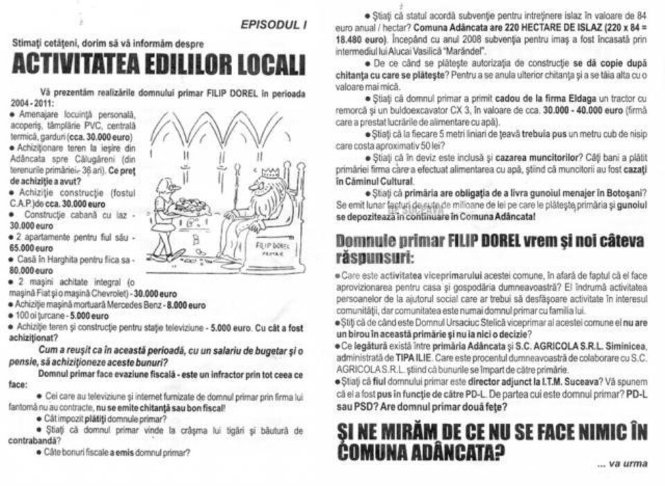 Fluturași cu „realizările” lui Dorel Filip în perioada 2004-2011 au fost răspândiți în toată Adâncata