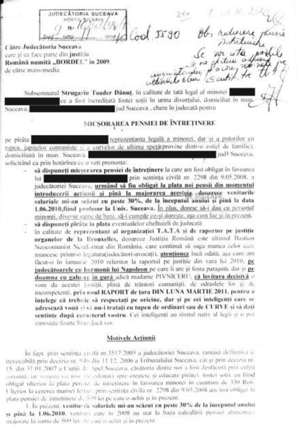 Cererea depusă la Judecătoria Suceava