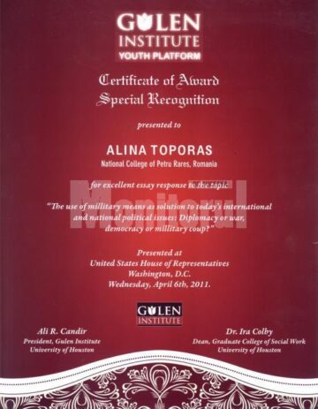 Diploma obținută de Alina Toporaș