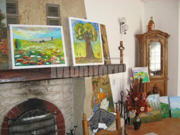 Lucrări prezentate de artiștii din tabără în salonul Pensiunii Ștefan din Prisaca Dornei
