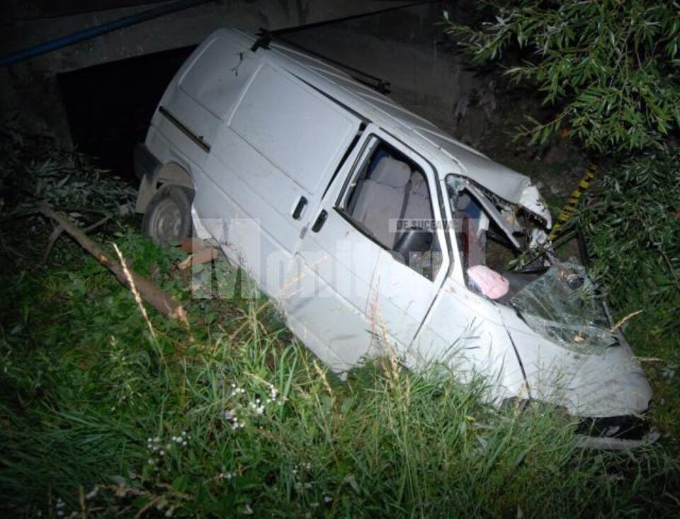 Scăpat de sub control, microbuzul a acroșat un copac și a lovit apoi violent un podeț din beton
