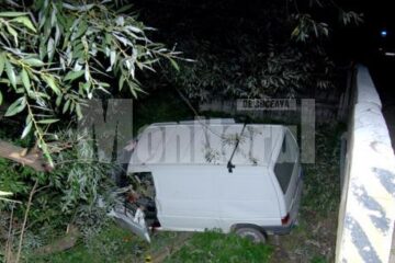 Scăpat de sub control, microbuzul a acroșat un copac și a lovit apoi violent un podeț din beton
