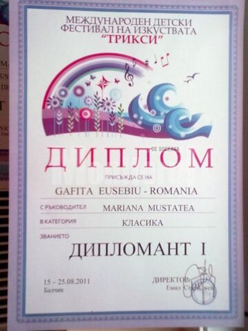Diploma la secțiunea soliști instrumentiști –vioară, câștigată de Eusebiu Gafița în Bulgaria
