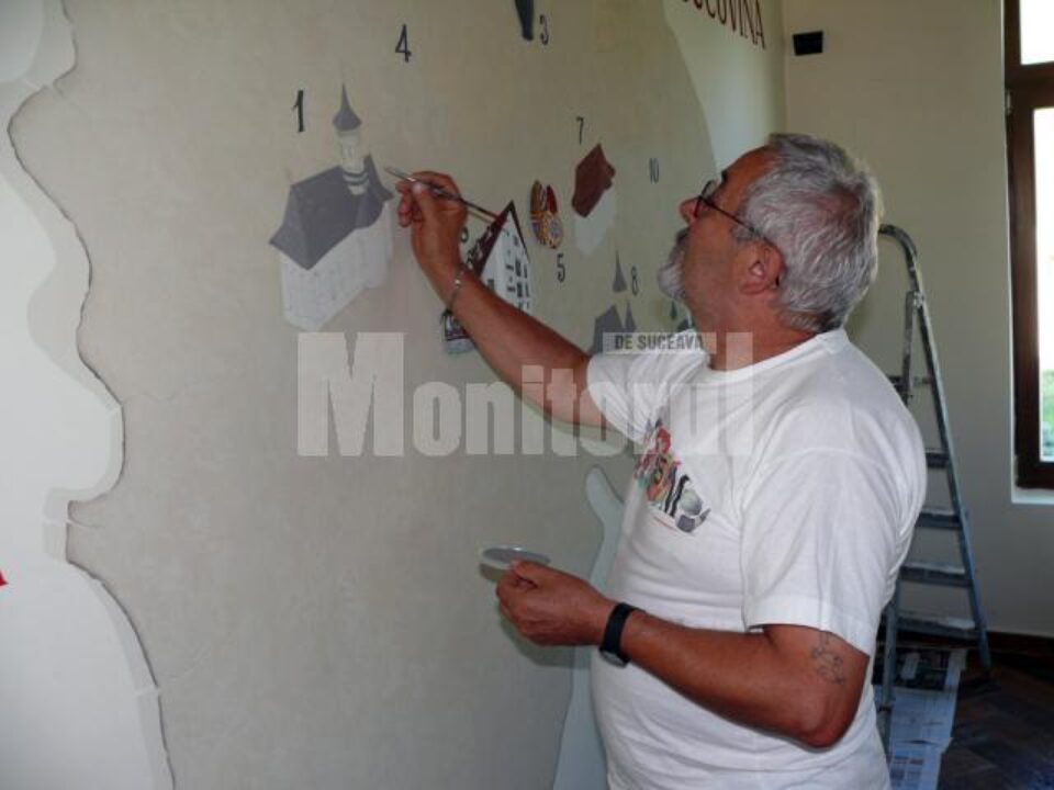 Harta obiectivelor turistice din județul Suceava, realizată de pictorul italian Mario Manzalini Harta obiectivelor turistice din județul Suceava, realizată de pictorul italian Mario Manzalini