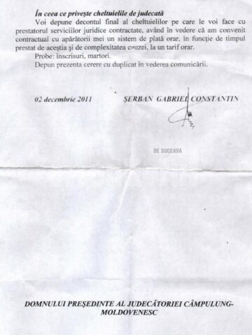 Facsimil din întâmpinarea depusă de Gabriel Constantin Șerban la Judecătoria Câmpulung Moldovenesc