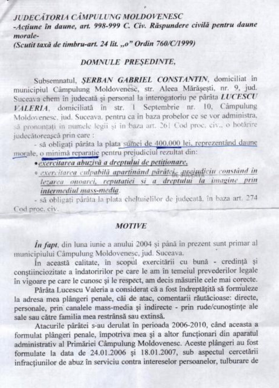 Facsimil din întâmpinarea depusă de Gabriel Constantin Șerban la Judecătoria Câmpulung Moldovenesc Facsimil din întâmpinarea depusă de Gabriel Constantin Șerban la Judecătoria Câmpulung Moldovenesc