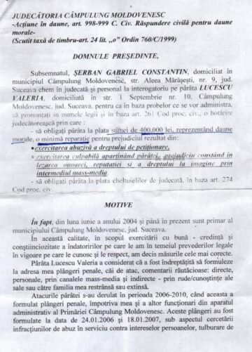 Facsimil din întâmpinarea depusă de Gabriel Constantin Șerban la Judecătoria Câmpulung Moldovenesc