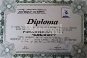 Diploma de excelență conferită „Gazetei de Herța”