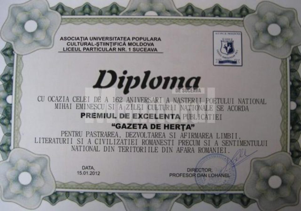 Diploma de excelență conferită „Gazetei de Herța”