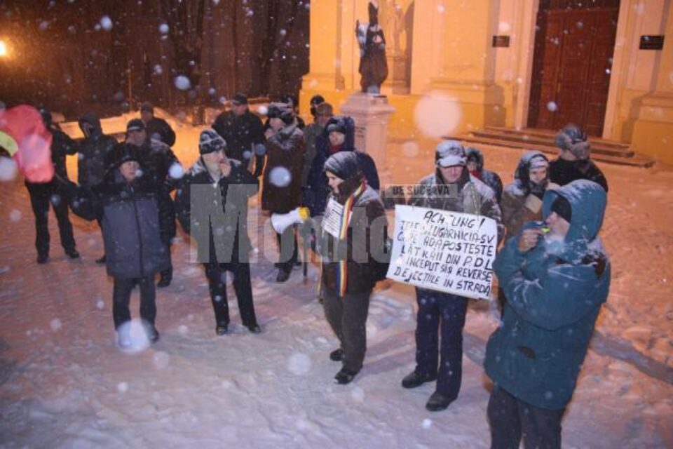 Cei aproximativ două zeci de protestatari au avut mesaje adaptate la ninsoarea și frigul de afară