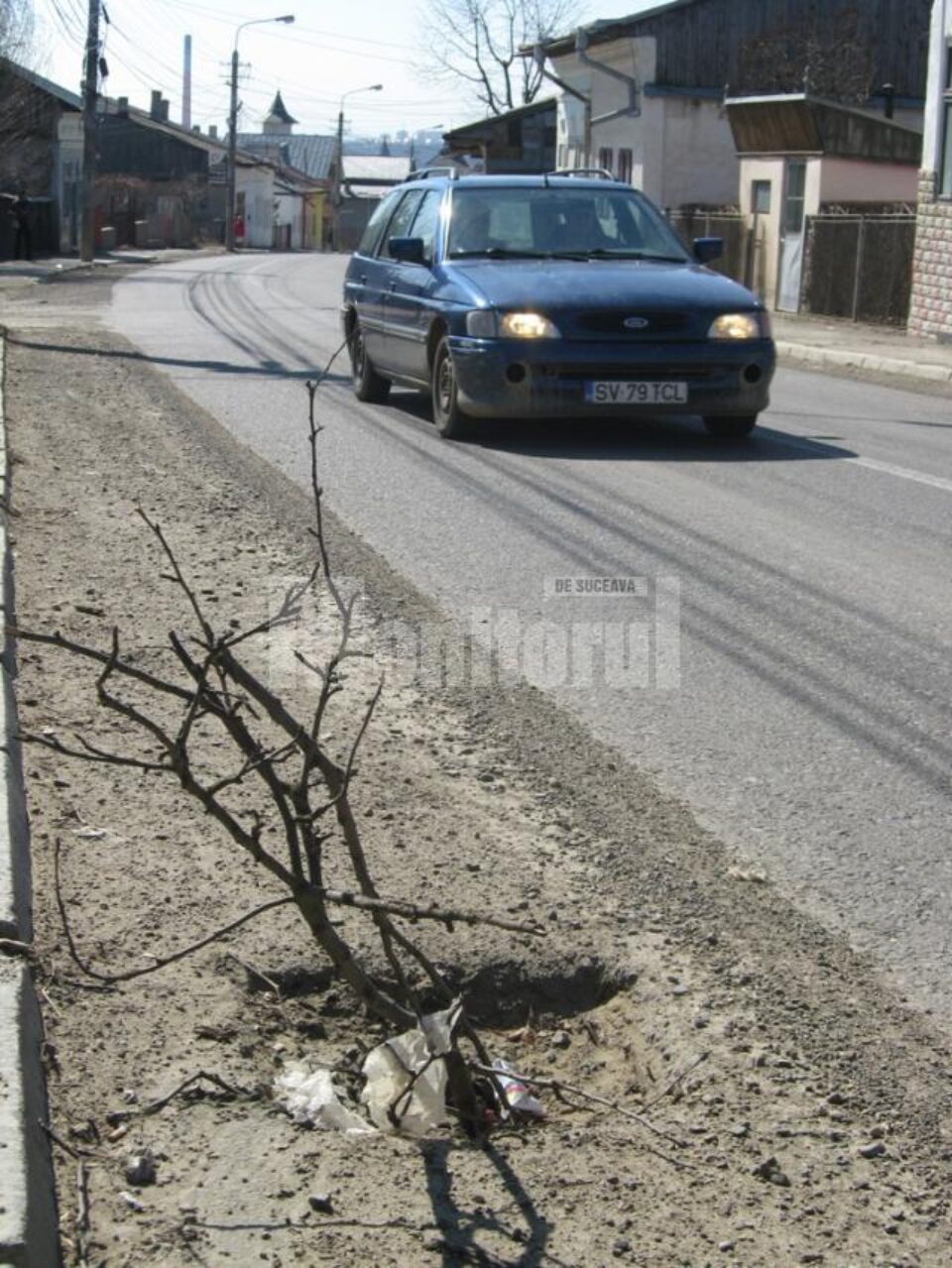 Crengile de copaci și pungile avertizează șoferii de pericolul de pe stradă