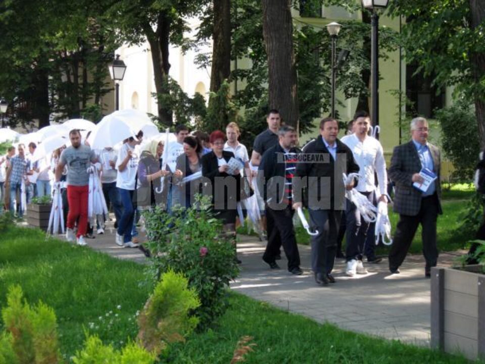Gheorghe Flutur și Ion Lungu s-au aflat ieri printre locuitorii municipiului Suceava, cărora le-au oferit umbrele albe și materiale electorale