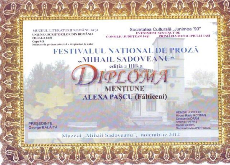 Scriitorul fălticenean Alexa Pașcu, laureat al Concursului Național de Proză „Mihail Sadoveanu” Scriitorul fălticenean Alexa Pașcu, laureat al Concursului Național de Proză „Mihail Sadoveanu”