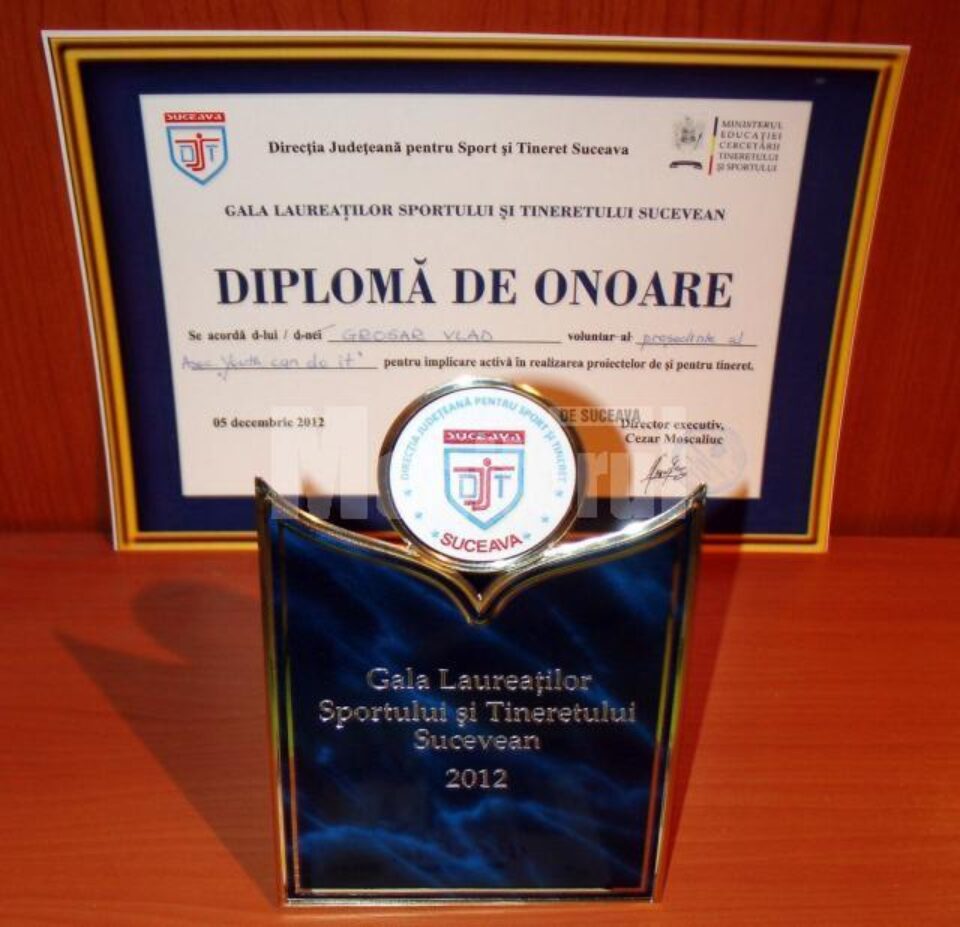 Diploma de onoare primită de Grosar Vlad-Alexandru la Gala Laureaților Sportului și Tineretului Sucevean 2012