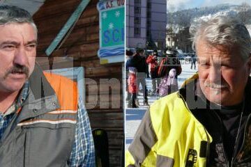 Profesorul Gheorghe Dumitrache (stânga) și profesorul Vladimir Todașcă (dreapta) dau lecții de patinaj pe patinoarul construit în comuna Dorna Candrenilor