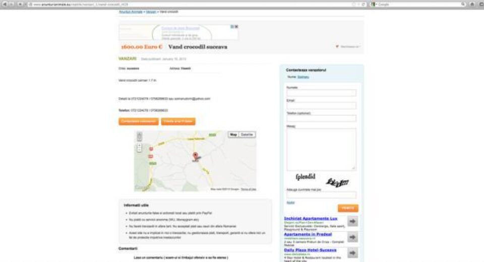 Într-un alt anunț postat Șoimaru pe internet sunt oferiți la vânzare crocodili, cu 1.600 de euro bucata